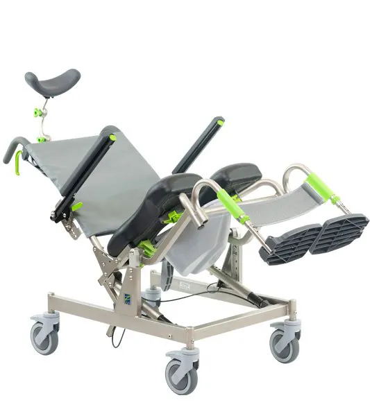 RAZ-AT attendant-tilt shower commode chair shown in a tilted position
